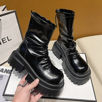Botines de plataforma chunky para mujer con diseño fruncido y suela dentada - botas de invierno con cremallera trasera para otoño, invierno y uso diario