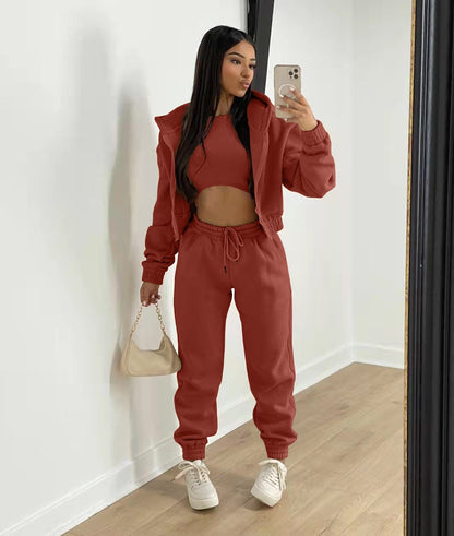 Conjunto deportivo de 3 piezas para mujer con top corto, chaqueta con capucha y joggers – Conjunto abrigado para otoño, invierno, tiempo libre y uso diario