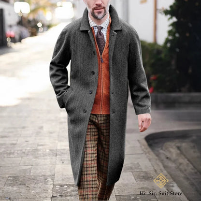 Męski długi płaszcz w jodełkę z domieszką wełny i dopasowanym krojem – elegancki płaszcz zimowy w stylu business casual na formalne okazje