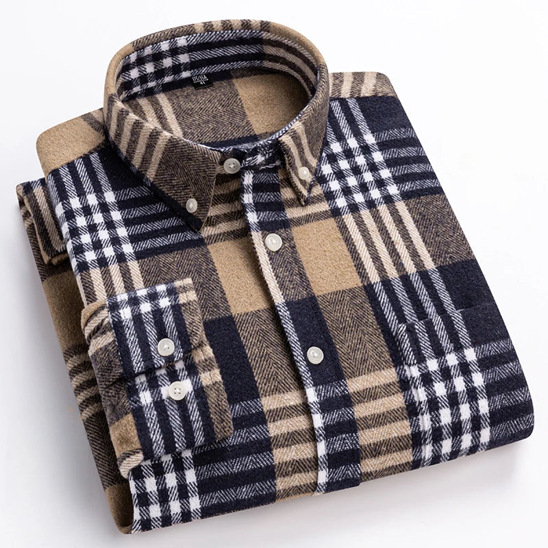 Męska flanelowa koszula w kratę zapinana na guziki z długimi rękawami – klasyczna koszula na jesień, czas wolny, co dzień i w stylu smart casual