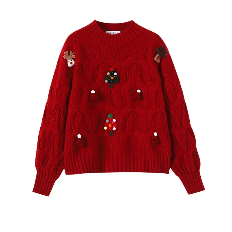 Dame Kabelstrikket Julesweater Med 3d-applikation Og Ballonærmer – Festlig Pullover Til Jul, Vinter, Hverdagsbrug Og Julefester