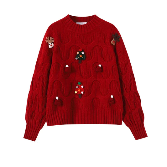 Women's cable-knit Christmas sweater with 3D appliqué and balloon sleeves - Festive pullover for Christmas, winter, everyday wear, and Christmas parties