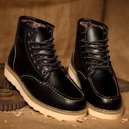 Botas de nieve de cuero para hombre con forro de piel, diseño hidrófugo y cordones – Cálidos botines de invierno con suela antideslizante para días fríos y actividades al aire libre