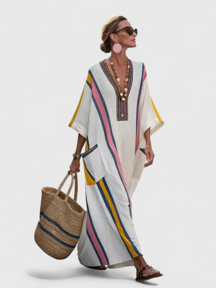 Women's Oversized Striped Kaftan Dress with V-Neck – Loose Maxi Dress for the Beach, Vacations, Summer, Leisure, and Everyday Wear