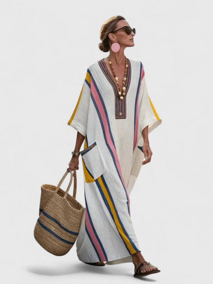 Women's Oversized Striped Kaftan Dress with V-Neck – Loose Maxi Dress for the Beach, Vacations, Summer, Leisure, and Everyday Wear