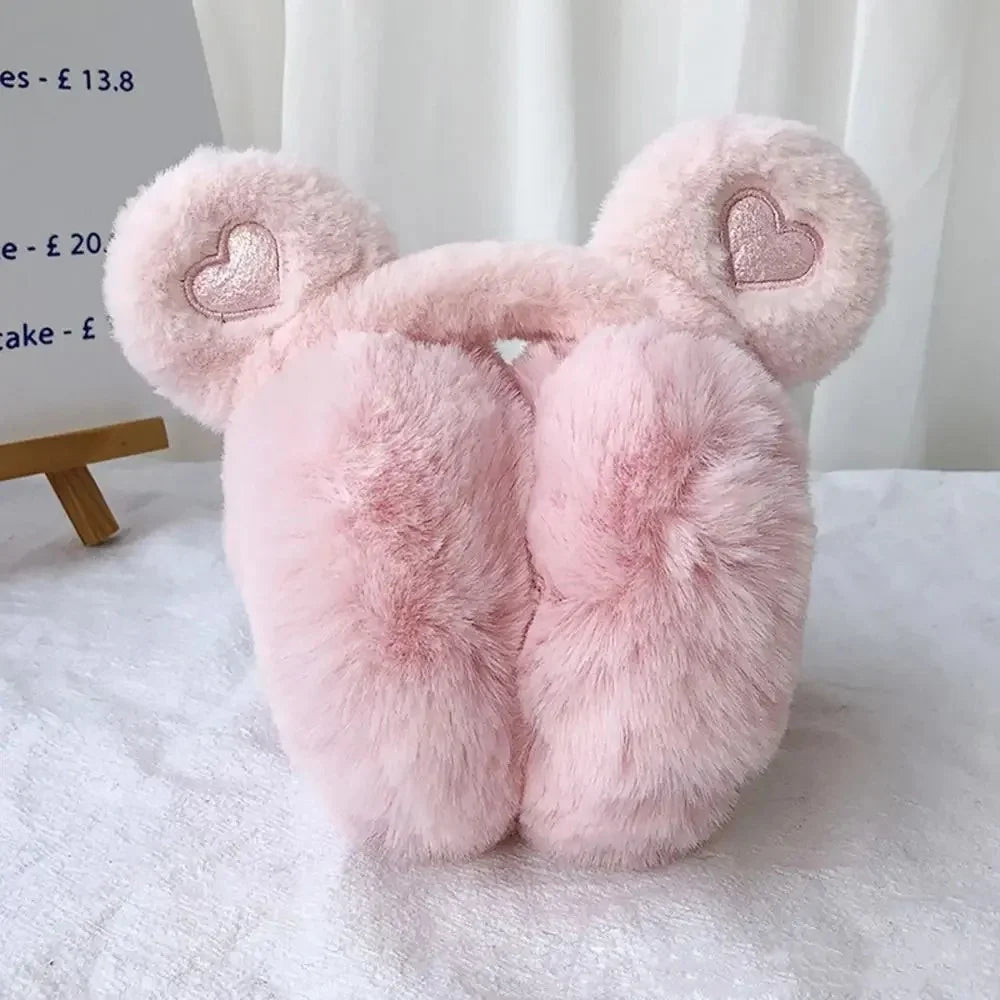 Women's plush winter earmuffs with bear ears and foldable design - cute, warm earmuffs for cold days, outdoor use, and gifting