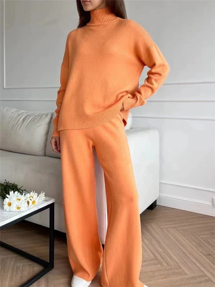 Conjunto de punto de 2 piezas para mujer con jersey largo de cuello alto y pantalones de pierna recta - conjunto informal para el día a día, el tiempo libre y la relajación
