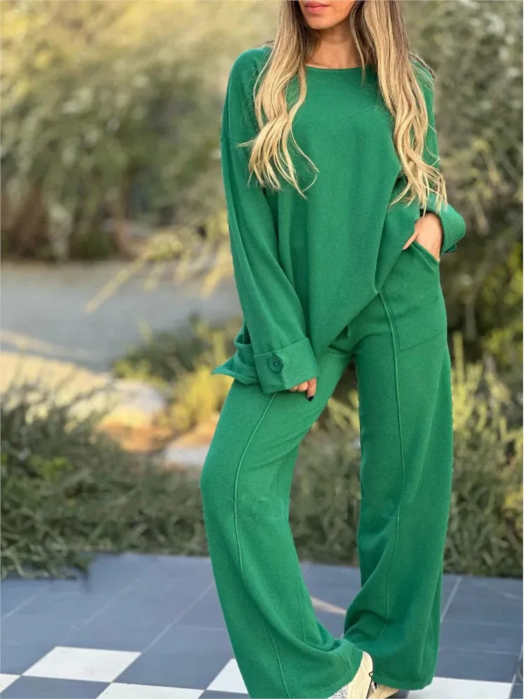 Women's Casual 2-Piece Set With Soft Long-Sleeve Top And Drawstring Wide-Leg Pants - Comfortable Set For Everyday Wear, Leisure And Relaxation