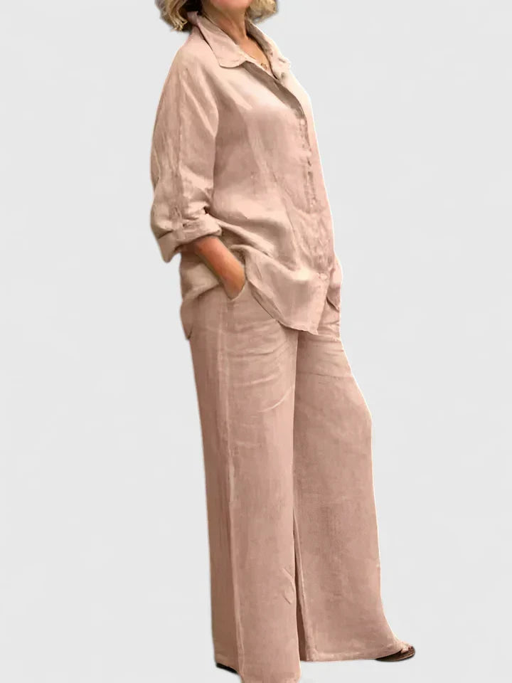 Conjunto de lino para mujer con camisa informal y pantalones de pernera ancha – Conjunto veraniego transpirable de 2 piezas para vacaciones, tiempo libre, uso diario y estilo informal elegante