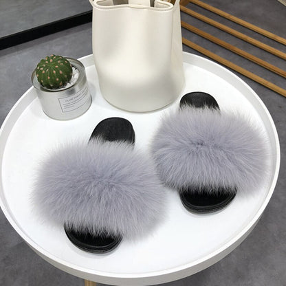Women's Fluffy Slippers with Fur Strap and Open Toe – Soft Slip-On Slippers for Cozy Days at Home and Casual Wear