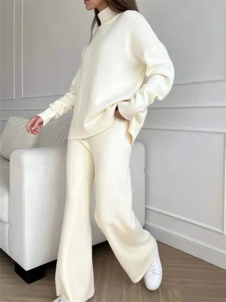 Conjunto de punto de 2 piezas para mujer con jersey largo de cuello alto y pantalones de pierna recta - conjunto informal para el día a día, el tiempo libre y la relajación