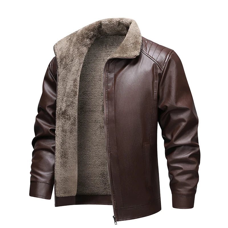 Chaqueta de cuero para hombre, forrada de forro polar, con diseño motero retro y cuello plegado - Chaqueta cálida para otoño, invierno, uso diario y tiempo libre