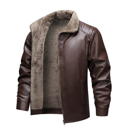 Chaqueta de cuero para hombre, forrada de forro polar, con diseño motero retro y cuello plegado - Chaqueta cálida para otoño, invierno, uso diario y tiempo libre
