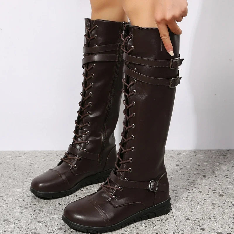 Botas altas de cuero para mujer hasta la rodilla con cordones, correa con hebilla y cierre lateral – botas de invierno estilo combat para otoño, invierno y uso diario