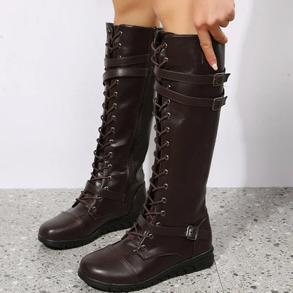 Botas altas de cuero para mujer hasta la rodilla con cordones, correa con hebilla y cierre lateral – botas de invierno estilo combat para otoño, invierno y uso diario