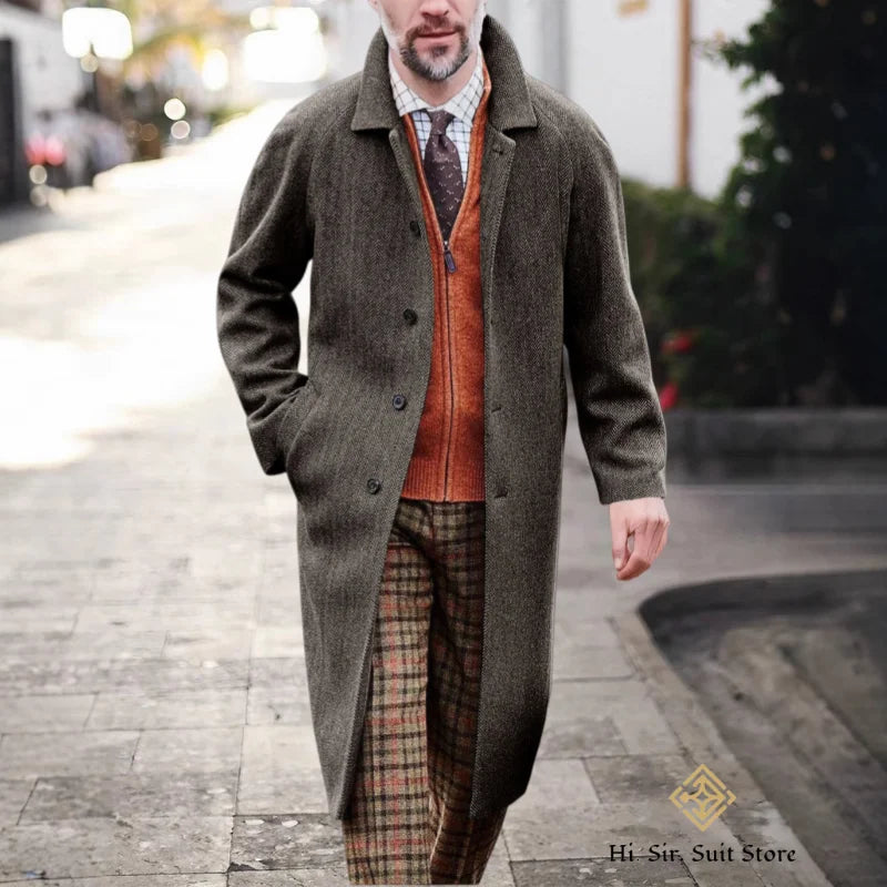 Męski długi płaszcz w jodełkę z domieszką wełny i dopasowanym krojem – elegancki płaszcz zimowy w stylu business casual na formalne okazje