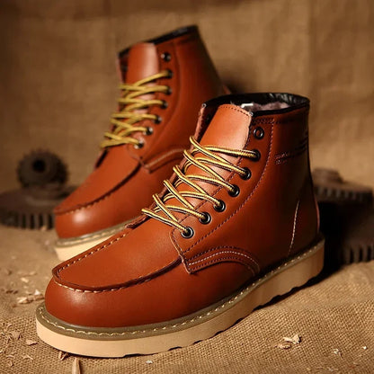 Botas de nieve de cuero para hombre con forro de piel, diseño hidrófugo y cordones – Cálidos botines de invierno con suela antideslizante para días fríos y actividades al aire libre