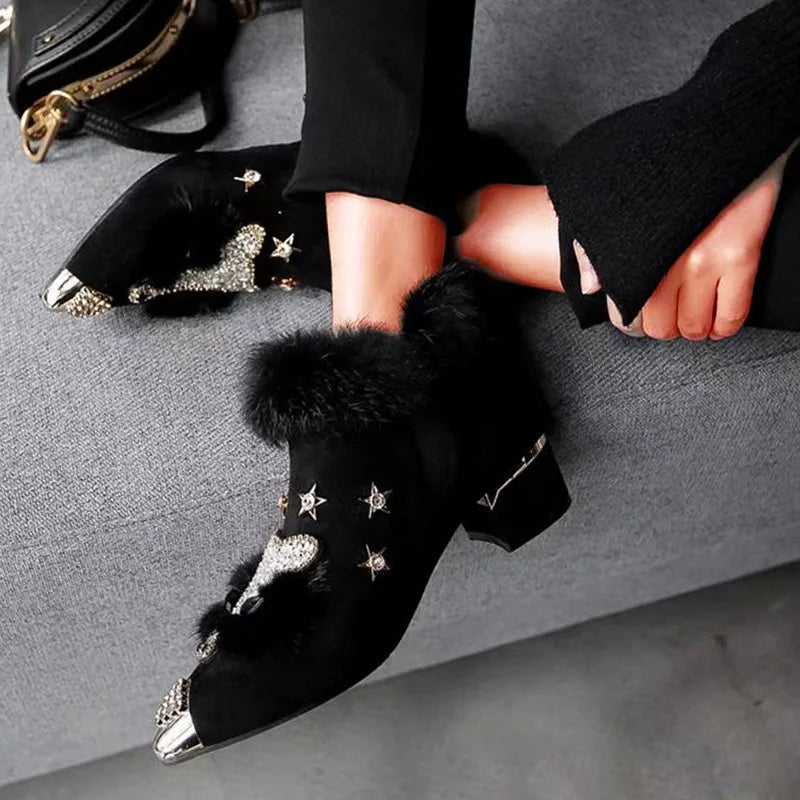 Botines de piel sintética para mujer con pedrería, puntera en punta y tacón de bloque – Elegantes botas de invierno para fiestas, veladas y ocasiones especiales