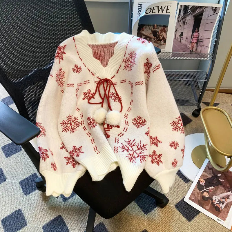 Pulover de Crăciun pentru femei, cu decolteu în V, pompoane și șnururi - tricot festiv pentru iarnă, Crăciun, ținute de zi cu zi și petreceri de Crăciun
