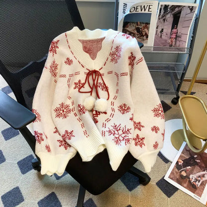 Pulover de Crăciun pentru femei, cu decolteu în V, pompoane și șnururi - tricot festiv pentru iarnă, Crăciun, ținute de zi cu zi și petreceri de Crăciun