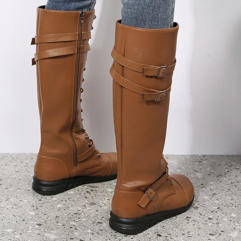 Botas altas de cuero para mujer hasta la rodilla con cordones, correa con hebilla y cierre lateral – botas de invierno estilo combat para otoño, invierno y uso diario