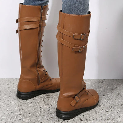 Botas altas de cuero para mujer hasta la rodilla con cordones, correa con hebilla y cierre lateral – botas de invierno estilo combat para otoño, invierno y uso diario