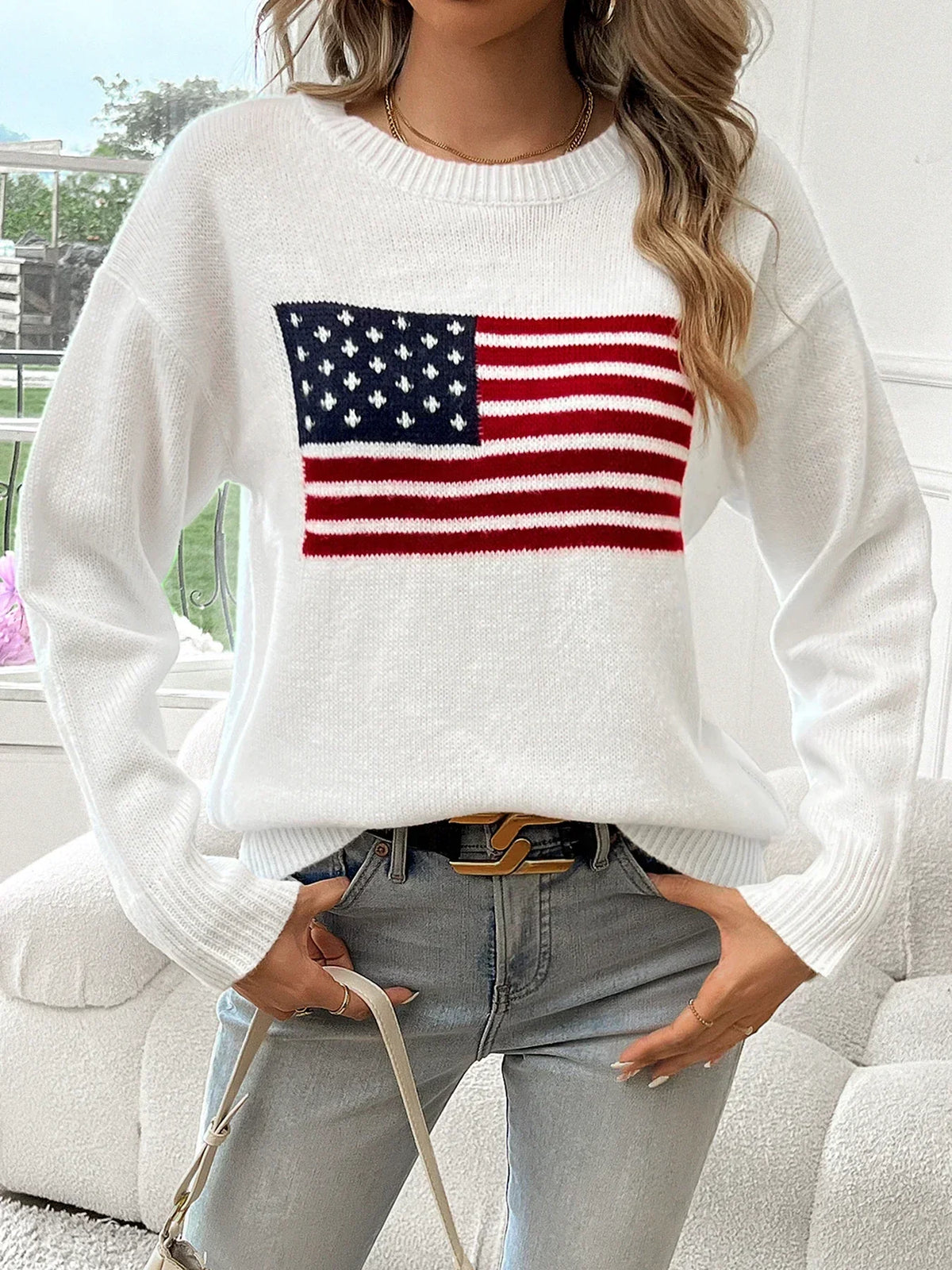 Women's American flag print sweater with crew neck and long sleeves - a casual sweater for fall, winter, and everyday wear