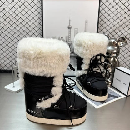 Botas de nieve impermeables para mujer con detalles de felpa, cordones y suela gruesa con dibujo – botas de invierno cálidas para días fríos, uso diario y actividades al aire libre