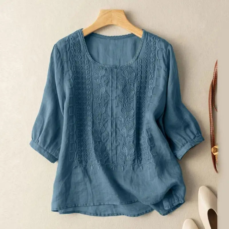 Women's Embroidered Blouse with a Round Neck – Casual Summer Top for Everyday Wear