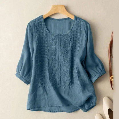 Women's Embroidered Blouse with a Round Neck – Casual Summer Top for Everyday Wear