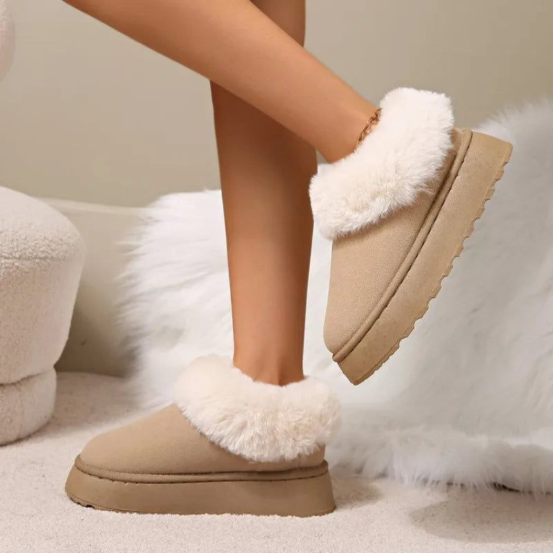 Botas de nieve para mujer de ante sintético con forro de felpa, diseño sin cordones y suela gruesa antideslizante – botines de invierno cálidos para días fríos, uso diario y actividades al aire libre