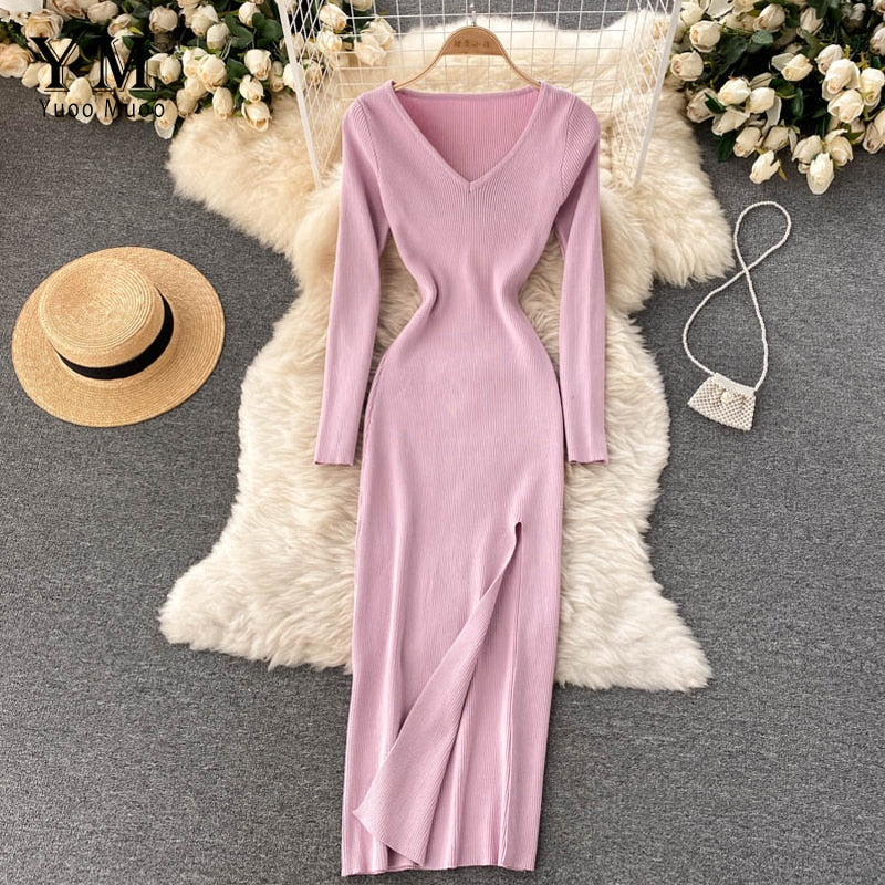 Dame Strikket Maxikjole – Stretch Bodycon Stil Med Høj Slids Til Efterår Og Vinter