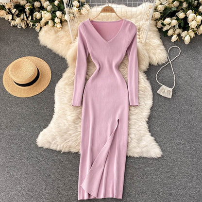 Dame Strikket Maxikjole – Stretch Bodycon Stil Med Høj Slids Til Efterår Og Vinter