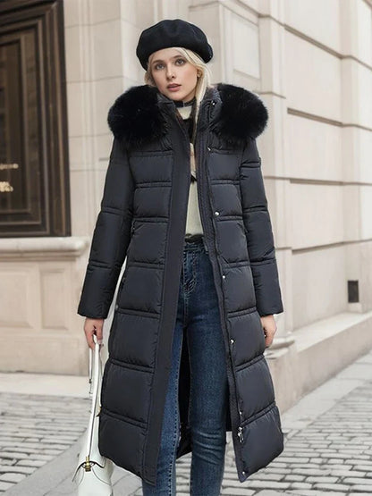 Abrigo puffer largo y acolchado para mujer con capucha y piel sintética - Prenda de abrigo cálida con cinturón y cintura marcada para los fríos días de invierno, el uso diario y las actividades al aire libre