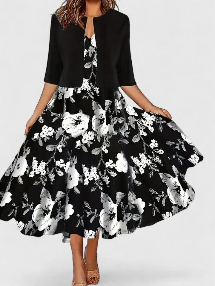 Rochie midi în linie A, cu imprimeu și mâneci trei sferturi – rochie elegantă pentru uz zilnic, birou, petreceri și ocazii speciale