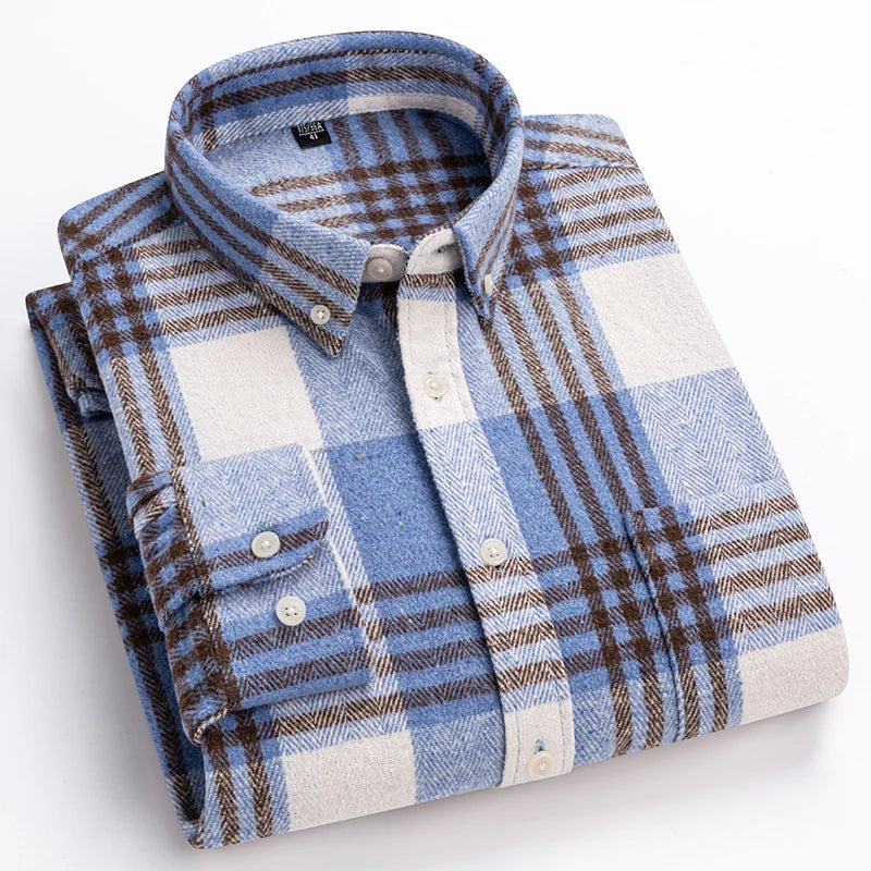 Męska flanelowa koszula w kratę zapinana na guziki z długimi rękawami – klasyczna koszula na jesień, czas wolny, co dzień i w stylu smart casual