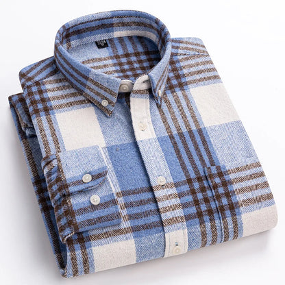 Męska flanelowa koszula w kratę zapinana na guziki z długimi rękawami – klasyczna koszula na jesień, czas wolny, co dzień i w stylu smart casual