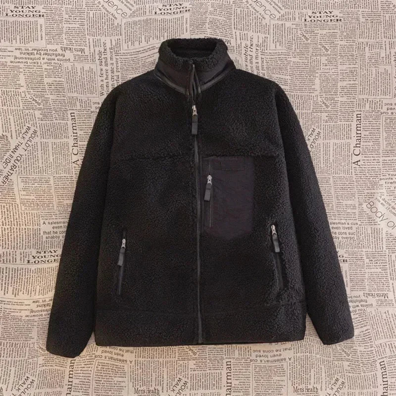Jachetă bărbătească din fleece Sherpa, cu croială lejeră și fermoar – haină călduroasă cu buzunar practic la piept pentru toamnă, iarnă și purtare zilnică