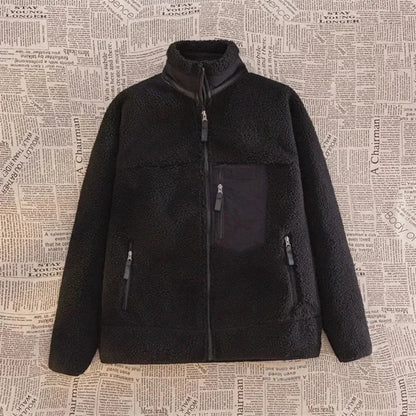 Jachetă bărbătească din fleece Sherpa, cu croială lejeră și fermoar – haină călduroasă cu buzunar practic la piept pentru toamnă, iarnă și purtare zilnică