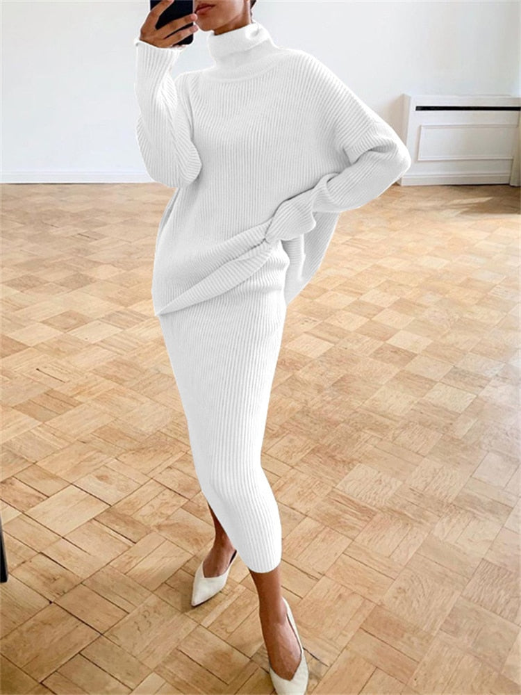 Women's Turtleneck Knit Set With Casual Long-Sleeve Sweater And Slim-Fit Midi Skirt - Elegant 2-Piece Set For Fall, Everyday Wear And Smart Casual Style