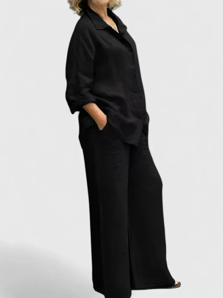 Conjunto de lino para mujer con camisa informal y pantalones de pernera ancha – Conjunto veraniego transpirable de 2 piezas para vacaciones, tiempo libre, uso diario y estilo informal elegante