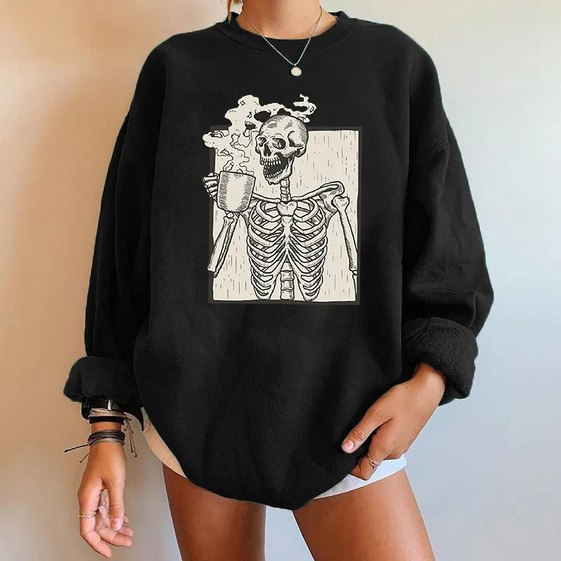 Sudadera de Halloween para mujer, con estampado de esqueleto y café - Pulóver informal para otoño, uso diario, tiempo libre y celebración de Halloween