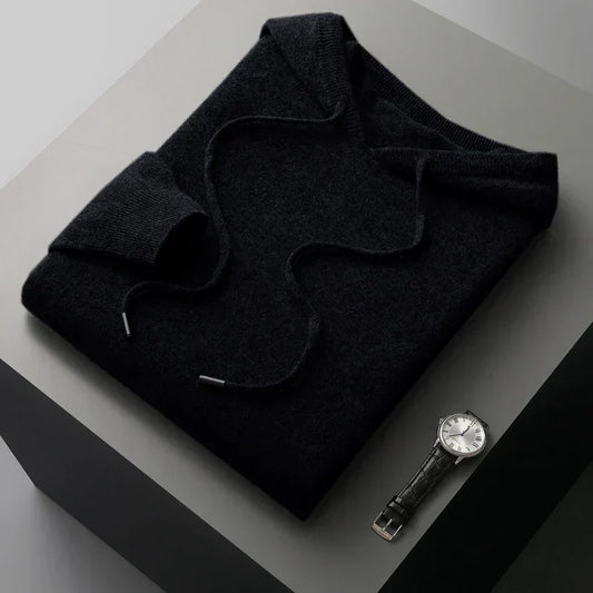 Men's Wool-Blend Knitted Hoodie – Casual Drawstring Layer for Autumn and Winter