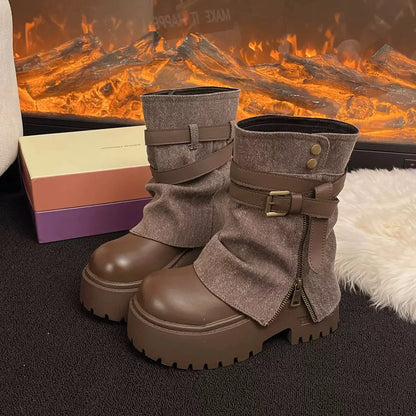 Botines para mujer con efecto cuero, correa con hebilla, suela de plataforma y cierre lateral – botas de invierno gruesas estilo combat para otoño, invierno y uso diario