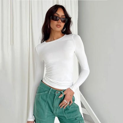 Women's Slim Fit Long-Sleeve Top with Stretch and Crew Neck - Fitted Basic Top for Everyday Wear, Layering and Casual Style