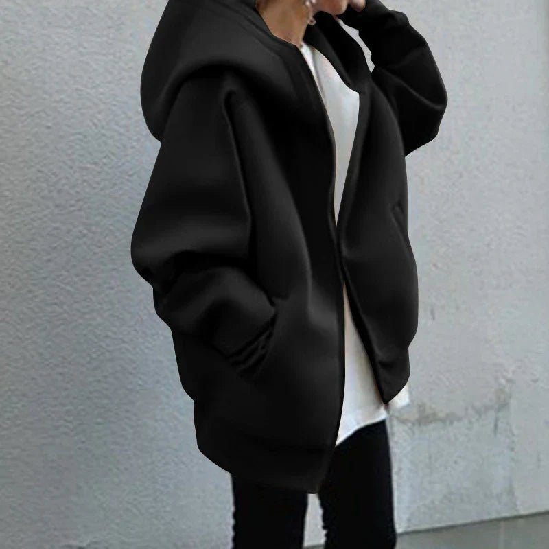 Dámská oversized mikinová bunda s kapucí a zipem – prostorná mikinová bunda pro chladné dny, každodenní nošení a ležérní vrstvený styling