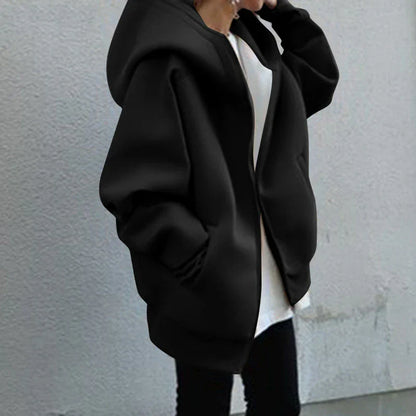 Dámská oversized mikinová bunda s kapucí a zipem – prostorná mikinová bunda pro chladné dny, každodenní nošení a ležérní vrstvený styling