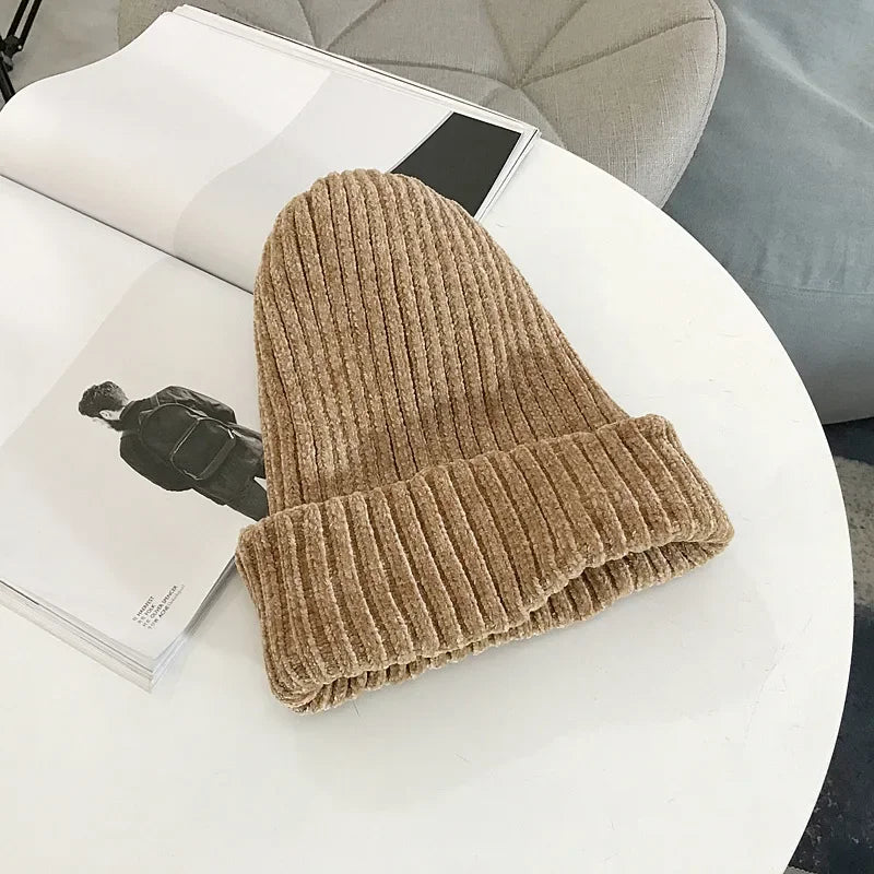 Męska miękka czapka beanie z dzianiny chenille, prążkowanym splotem i wywinięciem – ciepła czapka zimowa na chłodne dni, do noszenia na co dzień i aktywności na świeżym powietrzu