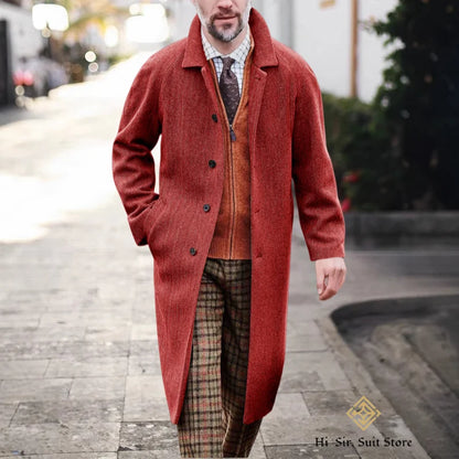 Męski długi płaszcz w jodełkę z domieszką wełny i dopasowanym krojem – elegancki płaszcz zimowy w stylu business casual na formalne okazje