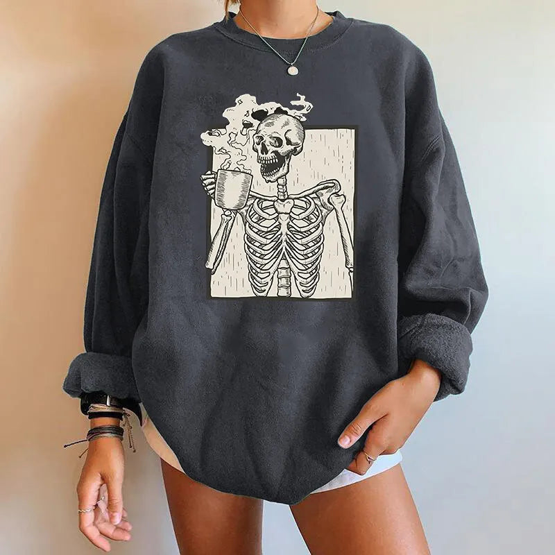 Sudadera de Halloween para mujer, con estampado de esqueleto y café - Pulóver informal para otoño, uso diario, tiempo libre y celebración de Halloween